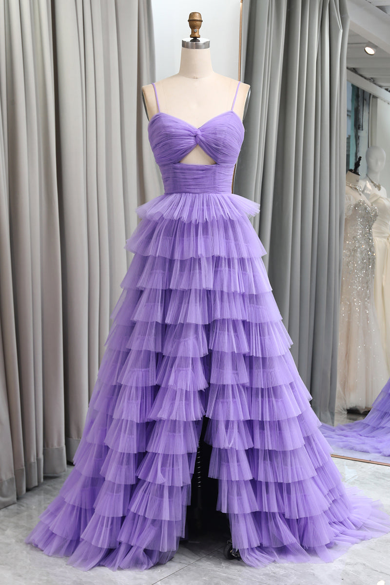 Load image into Gallery viewer, A Line Spaghetti Straps Tulle Long Tiered Prom Dress