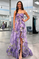 Load image into Gallery viewer, Removable Sleeves Printed Princess Prom Dress with Ruffles