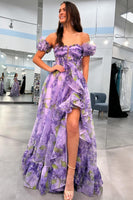 Load image into Gallery viewer, Removable Sleeves Printed Princess Prom Dress with Ruffles