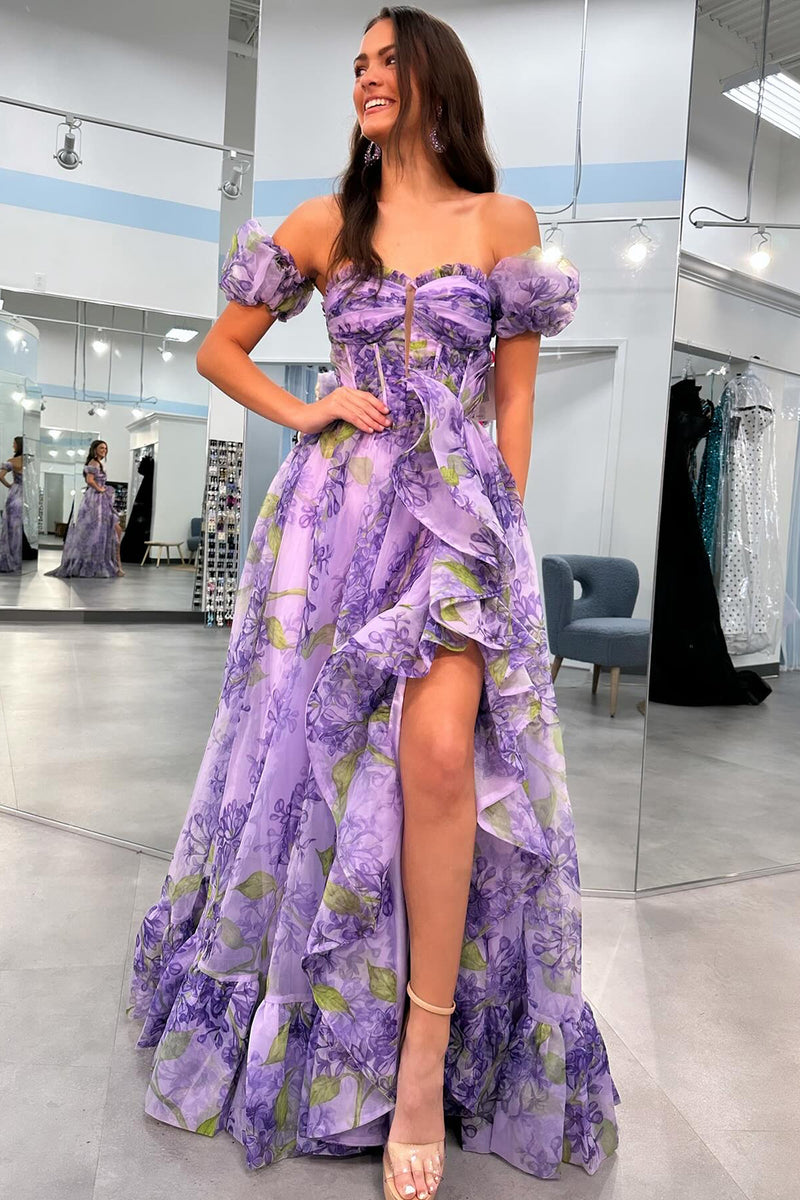 Load image into Gallery viewer, Removable Sleeves Printed Princess Prom Dress with Ruffles