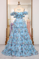 Load image into Gallery viewer, A-line Blue Printed Convertible Off the Shoulder Long Tiered Prom Dress