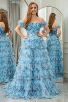 Load image into Gallery viewer, Lavendar Printed A-line Convertible Off the Shoulder Long Tiered Prom Dress