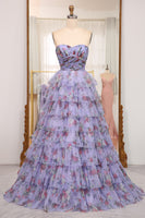 Load image into Gallery viewer, A-line Blue Printed Convertible Off the Shoulder Long Tiered Prom Dress