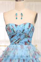 Load image into Gallery viewer, A-line Lavendar Printed Convertible Off the Shoulder Long Tiered Prom Dress