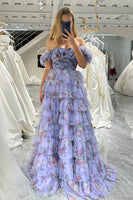 Load image into Gallery viewer, Lavendar Printed Convertible Off the Shoulder A-Line Long Tiered Prom Dress