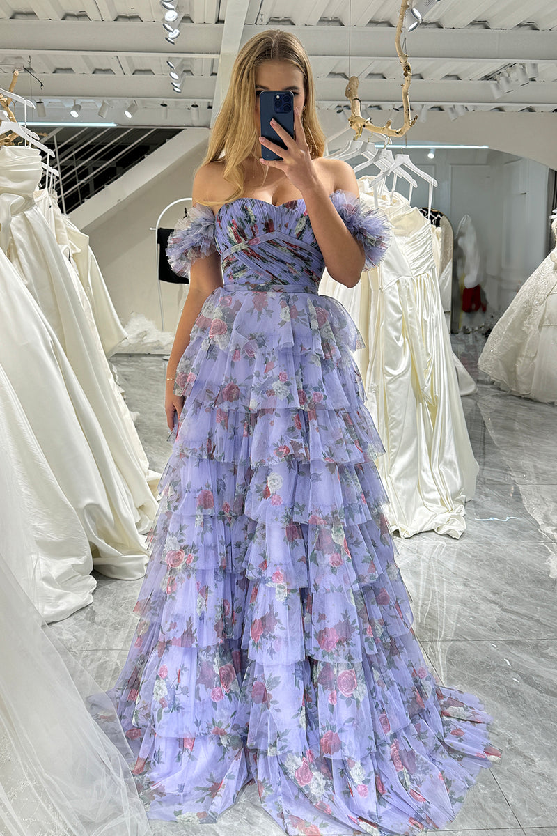 Load image into Gallery viewer, Lavendar Printed Convertible Off the Shoulder A-Line Long Tiered Prom Dress