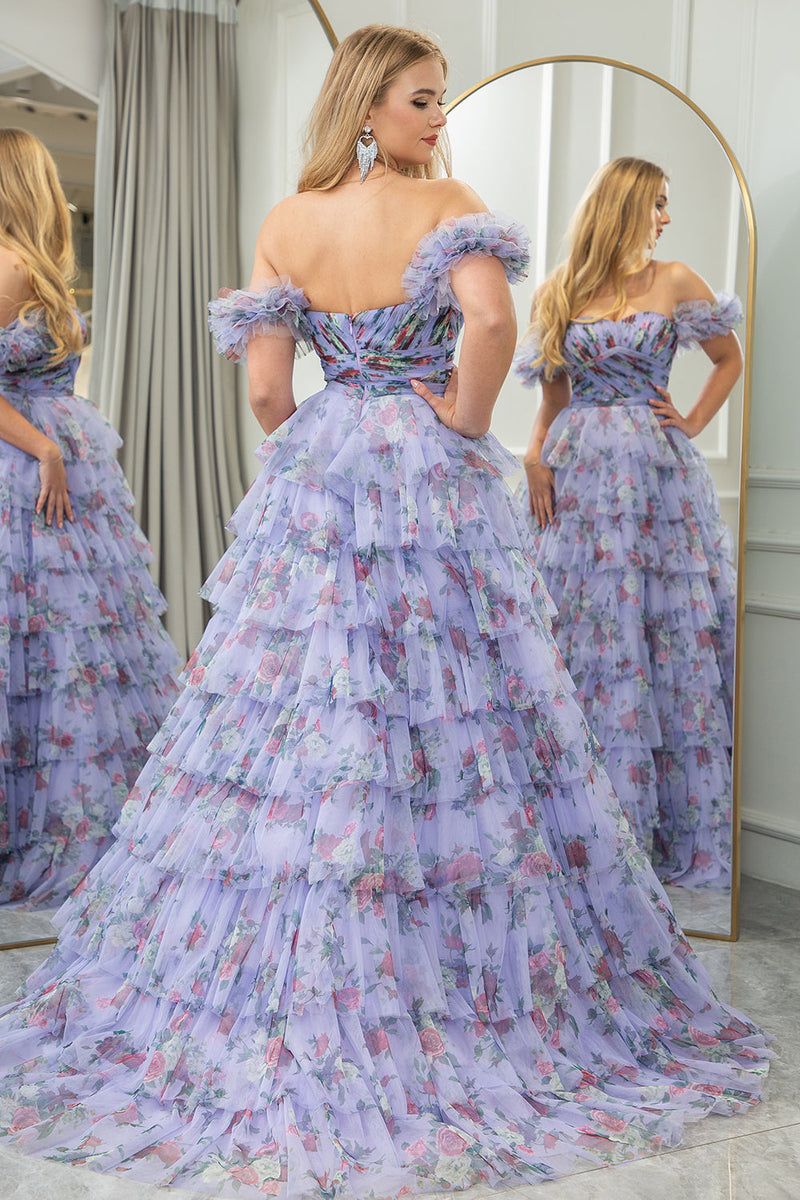 Load image into Gallery viewer, Lavendar Printed A-line Convertible Off the Shoulder Long Tiered Prom Dress
