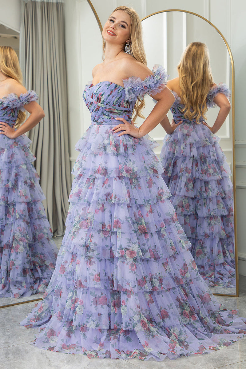 Load image into Gallery viewer, Lavendar Printed A-line Convertible Off the Shoulder Long Tiered Prom Dress