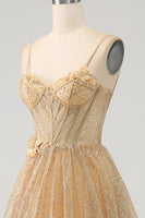 Load image into Gallery viewer, Glitter Golden Corset Long Prom Dress with Flowers