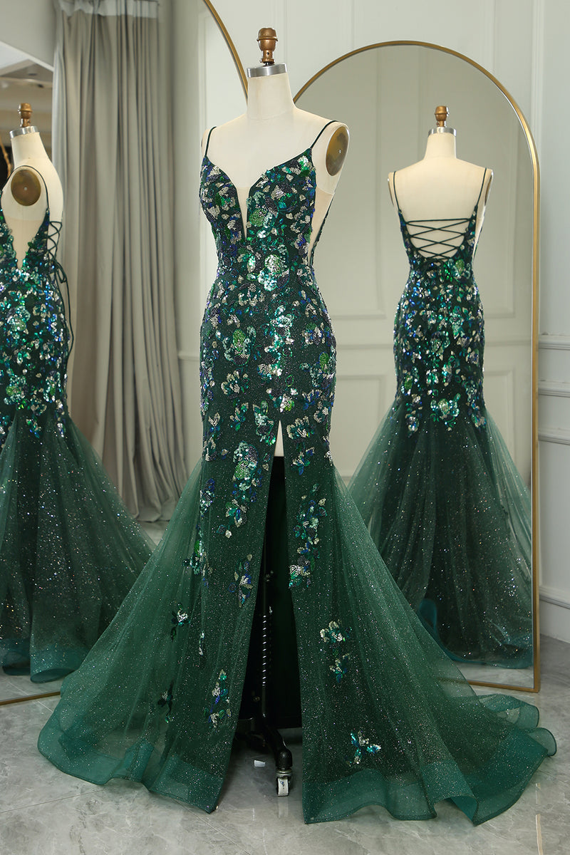 Shiny Strapless Green Sequin Beaded Ruffles Mermaid Evening Dress Long Party Gown SP1763