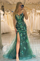 Load image into Gallery viewer, Sparkly Mermaid Spaghetti Straps Dark Green Beaded Prom Dress With Split