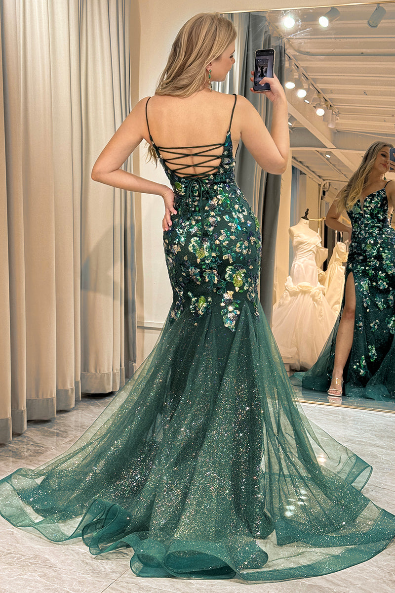 Load image into Gallery viewer, Sparkly Mermaid Spaghetti Straps Dark Green Beaded Prom Dress With Split
