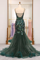 Load image into Gallery viewer, Dark Green Sparkly Mermaid Spaghetti Straps Beaded Prom Dress With Split