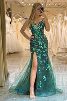 Load image into Gallery viewer, Sparkly Mermaid Spaghetti Straps Dark Green Beaded Prom Dress With Split