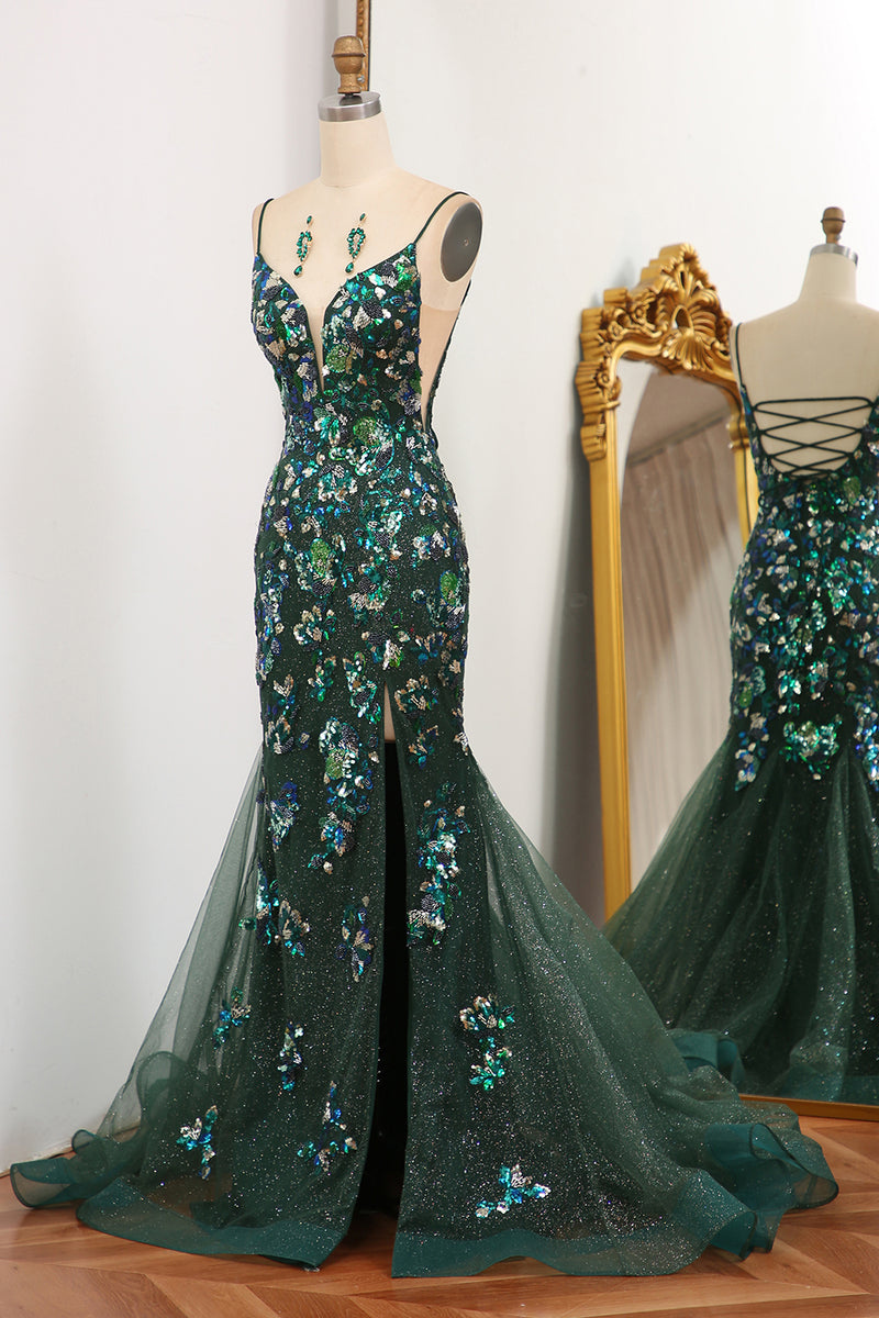 Trendy Dark Green Off The Shoulder Side Split Crystal Beaded Satin Mermaid Prom Dress JTE821