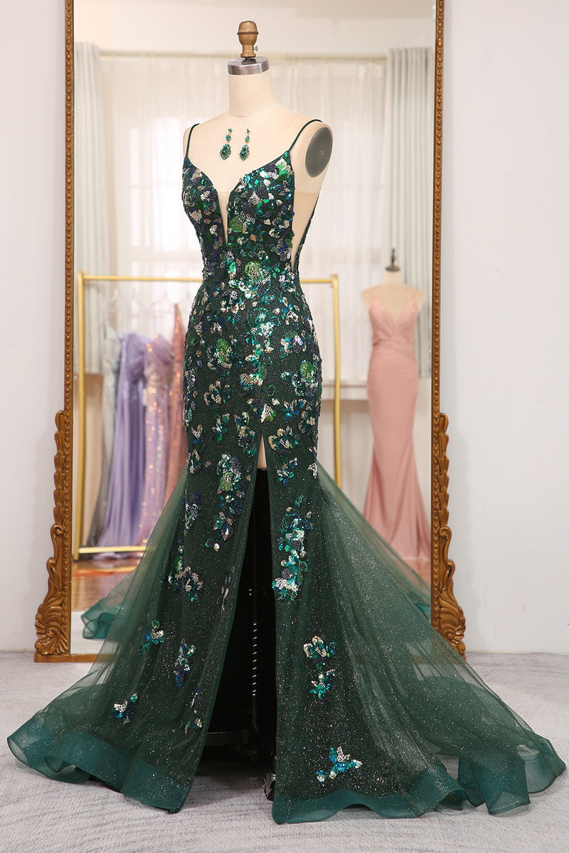 Load image into Gallery viewer, Dark Green Sparkly Mermaid Spaghetti Straps Beaded Prom Dress With Split