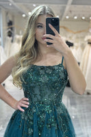 Load image into Gallery viewer, A-line Spaghetti Strap Dark Green Beaded Prom Dress with Appliques