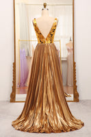 Load image into Gallery viewer, Sparkly Golden A-line V-neck Long Pleated Prom Dress with Slit
