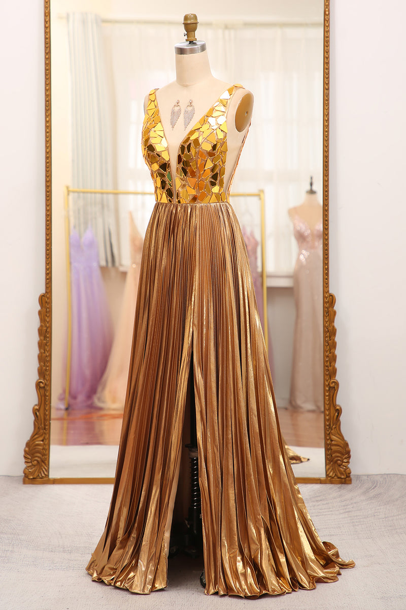 Load image into Gallery viewer, Sparkly Golden A-line V-neck Long Pleated Prom Dress with Slit
