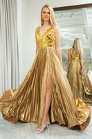 Load image into Gallery viewer, Sparkly A-line Golden V-neck Long Pleated Prom Dress with Slit