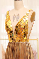 Load image into Gallery viewer, Sparkly Golden A-line V-neck Long Pleated Prom Dress with Slit