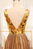Load image into Gallery viewer, Sparkly Golden A-line V-neck Long Pleated Prom Dress with Slit
