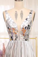 Load image into Gallery viewer, Sparkly Golden A-line V-neck Long Pleated Prom Dress with Slit