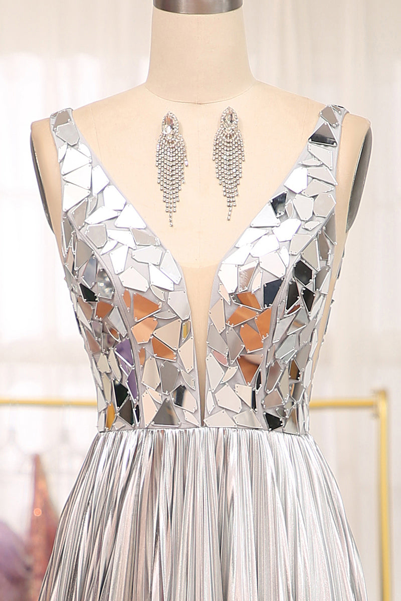 Load image into Gallery viewer, Sparkly Golden A-line V-neck Long Pleated Prom Dress with Slit