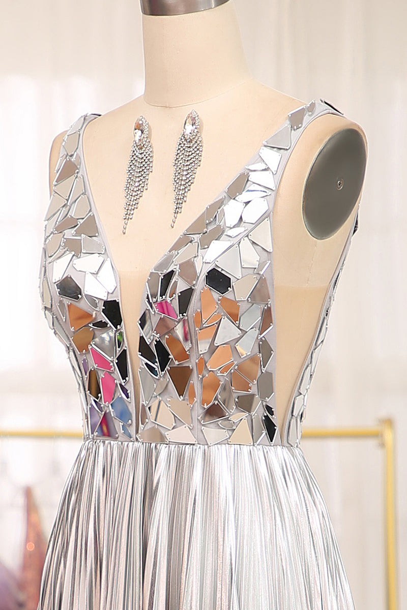 Load image into Gallery viewer, Sparkly Golden A-line V-neck Long Pleated Prom Dress with Slit