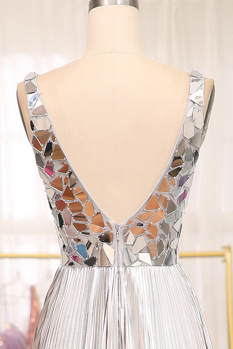 Load image into Gallery viewer, Sparkly Golden A-line V-neck Long Pleated Prom Dress with Slit