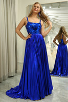 Load image into Gallery viewer, A-line Spaghetti Straps Royal Blue Pleated Prom Dress with Slit
