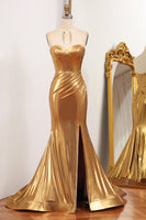 Load image into Gallery viewer, Mermaid Strapless Golden Corset Long Prom Dress with Slit