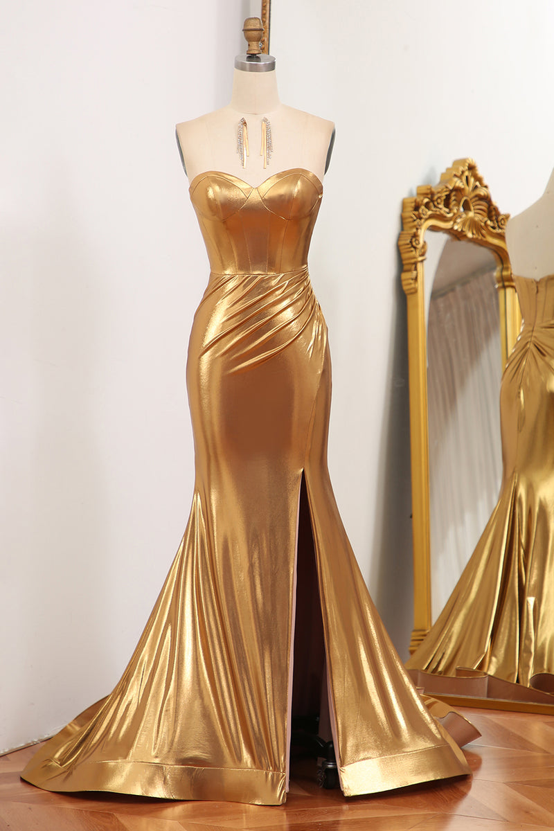 Load image into Gallery viewer, Mermaid Strapless Golden Corset Long Prom Dress with Slit