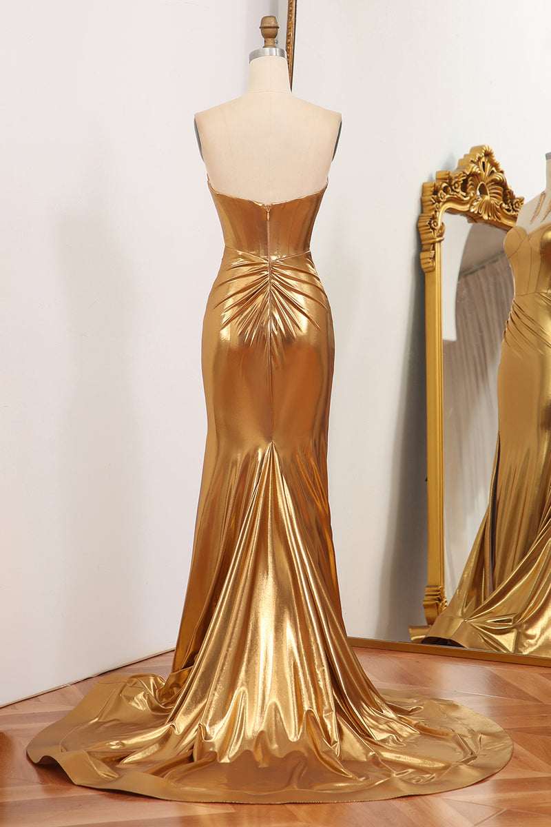 Load image into Gallery viewer, Mermaid Strapless Golden Corset Long Prom Dress with Slit