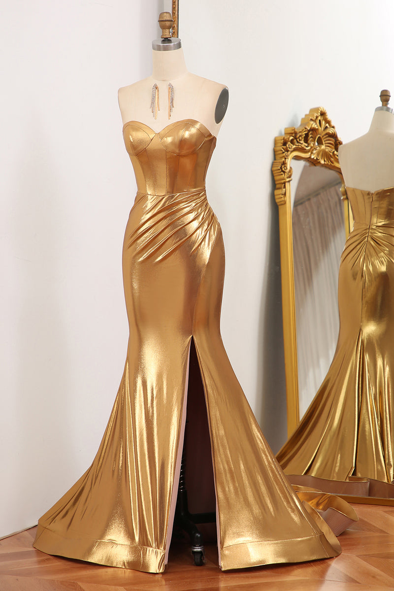 Load image into Gallery viewer, Mermaid Strapless Golden Corset Long Prom Dress with Slit