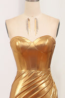 Load image into Gallery viewer, Mermaid Strapless Golden Corset Long Prom Dress with Slit