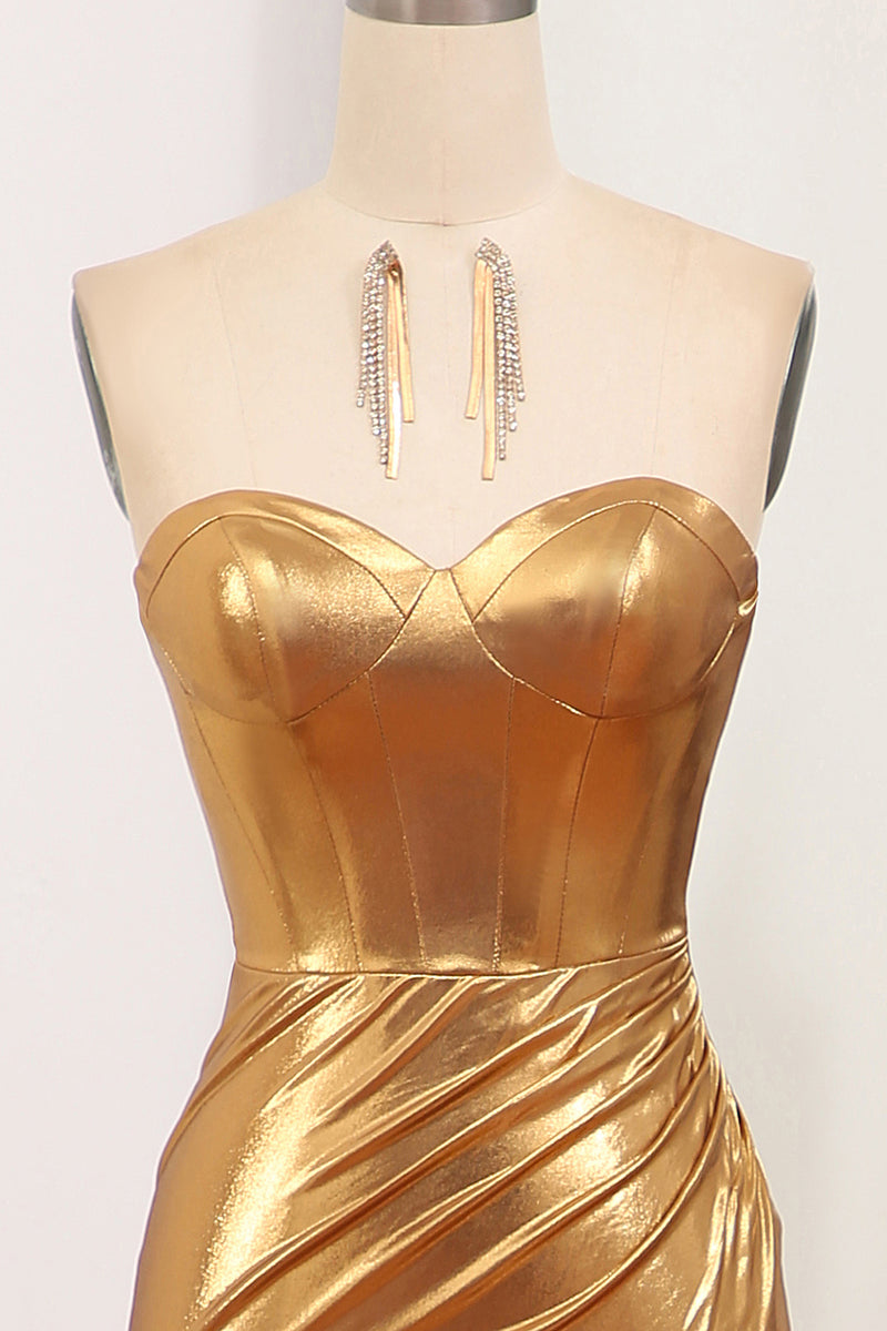 Load image into Gallery viewer, Mermaid Strapless Golden Corset Long Prom Dress with Slit