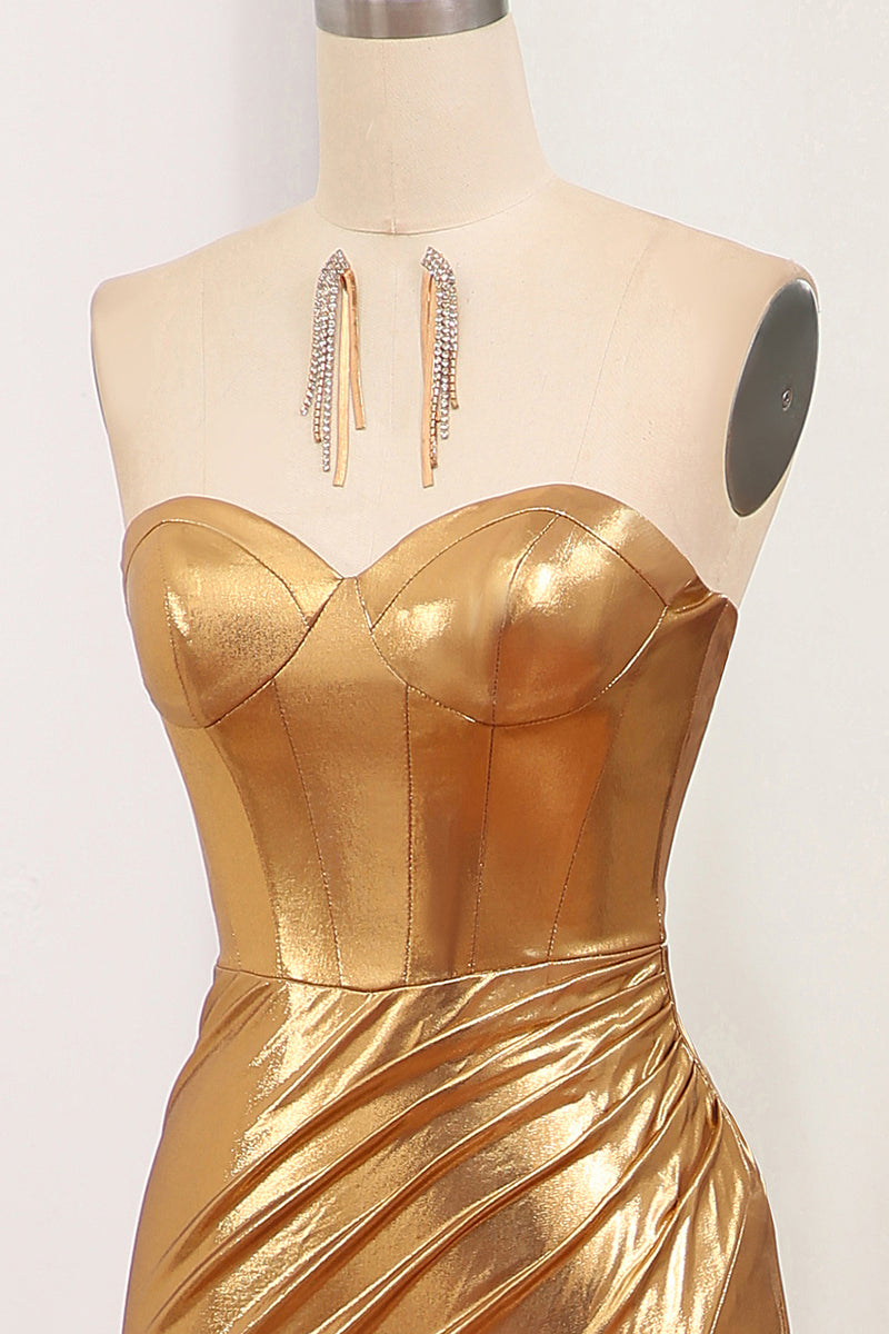 Load image into Gallery viewer, Mermaid Strapless Golden Corset Long Prom Dress with Slit