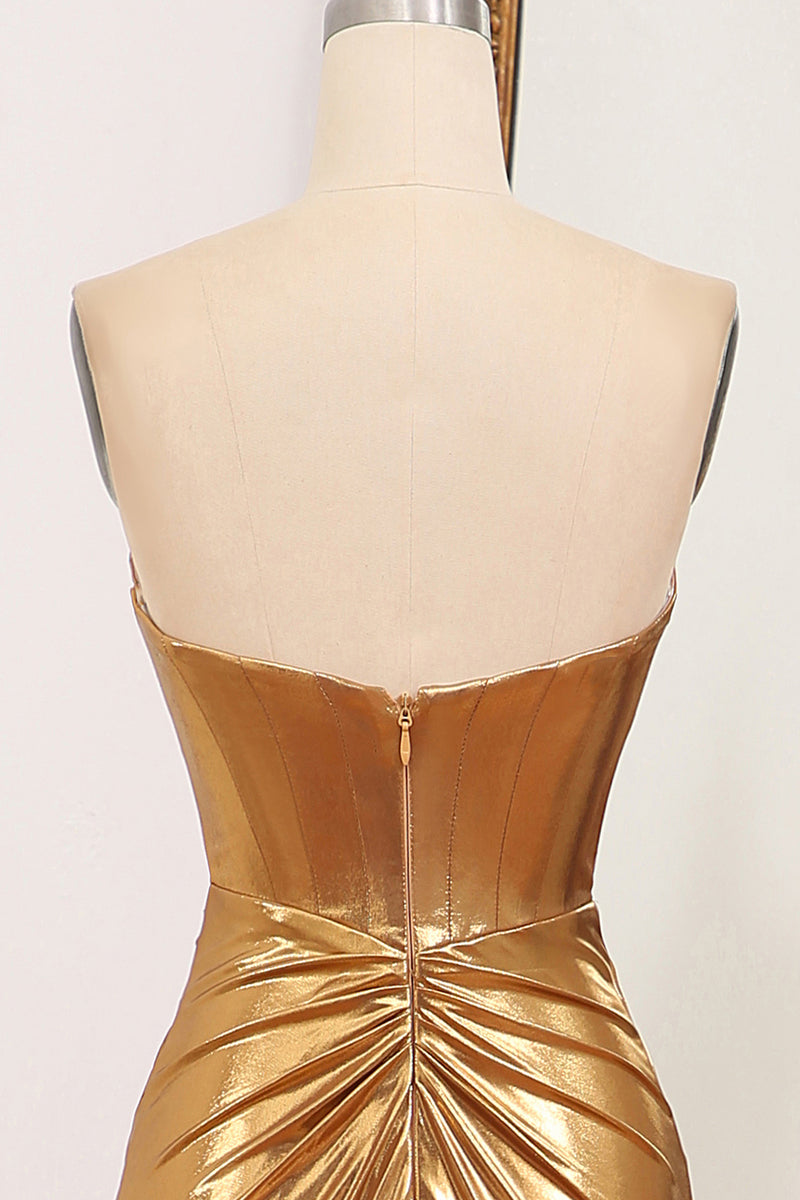 Load image into Gallery viewer, Mermaid Strapless Golden Corset Long Prom Dress with Slit