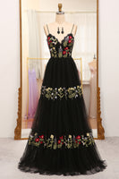 Load image into Gallery viewer, A-Line Black Spaghetti Straps Embroidered Tulle Long Prom Dress