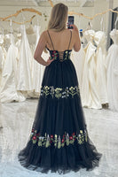 Load image into Gallery viewer, Black A-Line Spaghetti Straps Embroidered Tulle Long Prom Dress