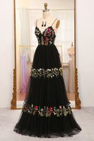 Load image into Gallery viewer, A-Line Black Spaghetti Straps Embroidered Tulle Long Prom Dress