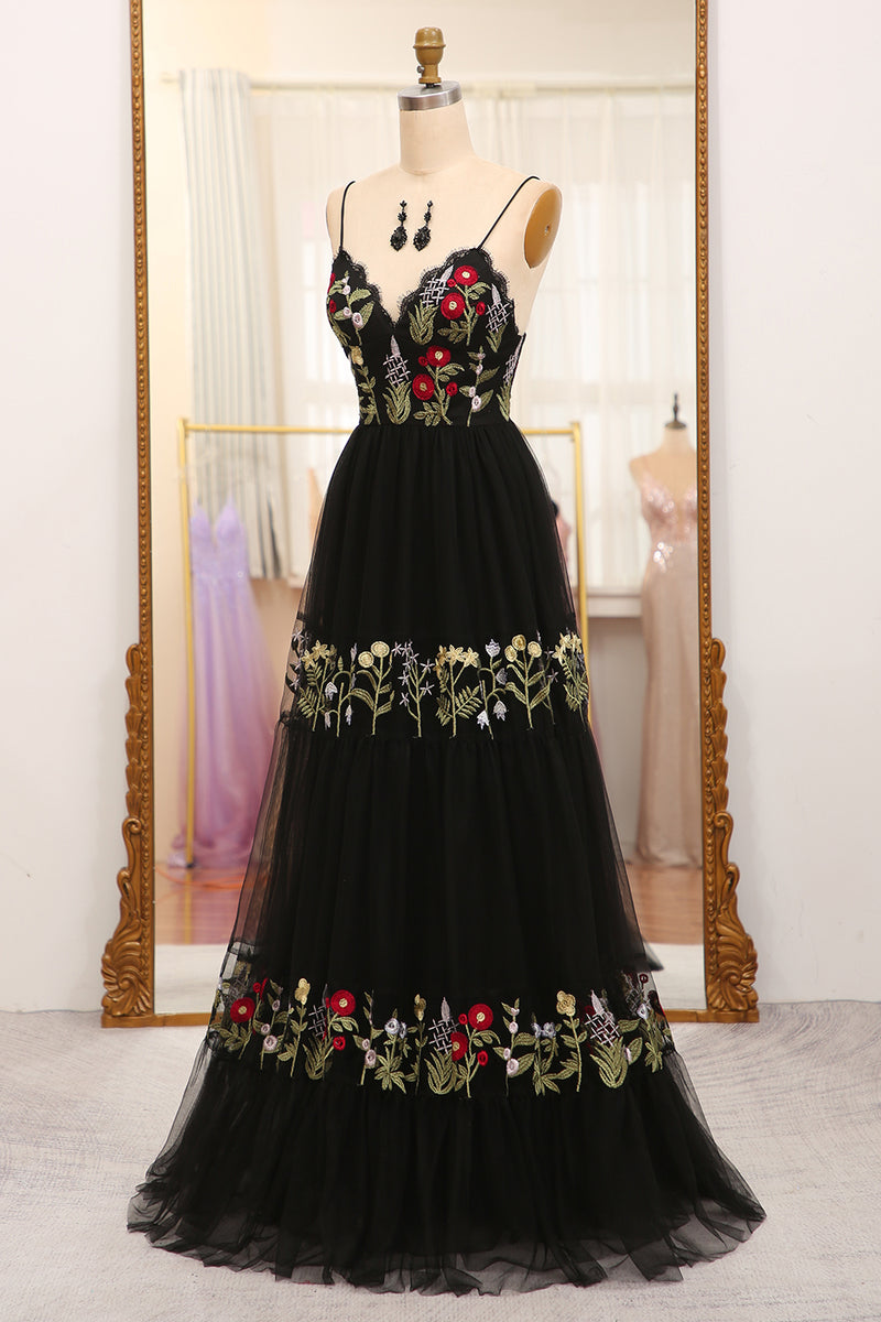 Load image into Gallery viewer, A-Line Black Spaghetti Straps Embroidered Tulle Long Prom Dress