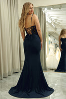 Load image into Gallery viewer, Black Mermaid Spaghetti Straps Corset Prom Dress With Appliques