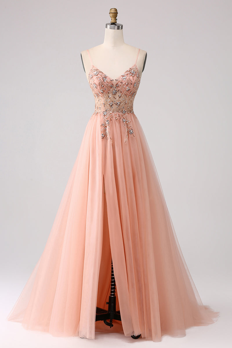 Load image into Gallery viewer, Sparkly Blush Tulle A Line Prom Dress with Beading