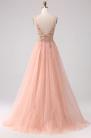 Load image into Gallery viewer, Sparkly Blush Tulle A Line Prom Dress with Beading