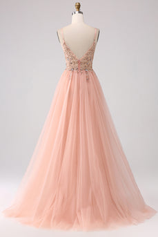 Sparkly Blush Tulle A Line Prom Dress with Beading