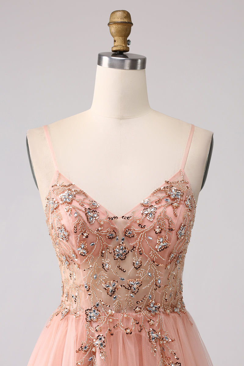 Load image into Gallery viewer, Sparkly Blush Tulle A Line Prom Dress with Beading