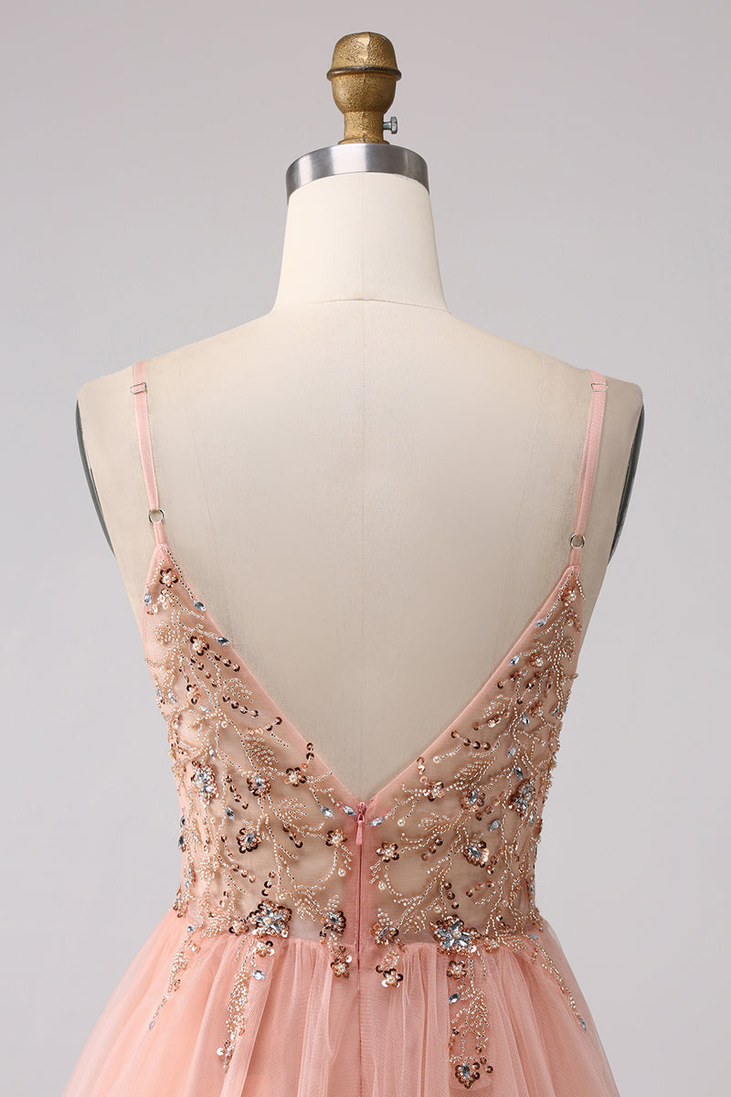 Load image into Gallery viewer, Sparkly Blush Tulle A Line Prom Dress with Beading