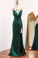 Load image into Gallery viewer, Dark Green Spaghetti Straps Mermaid Long Prom Dress with Slit